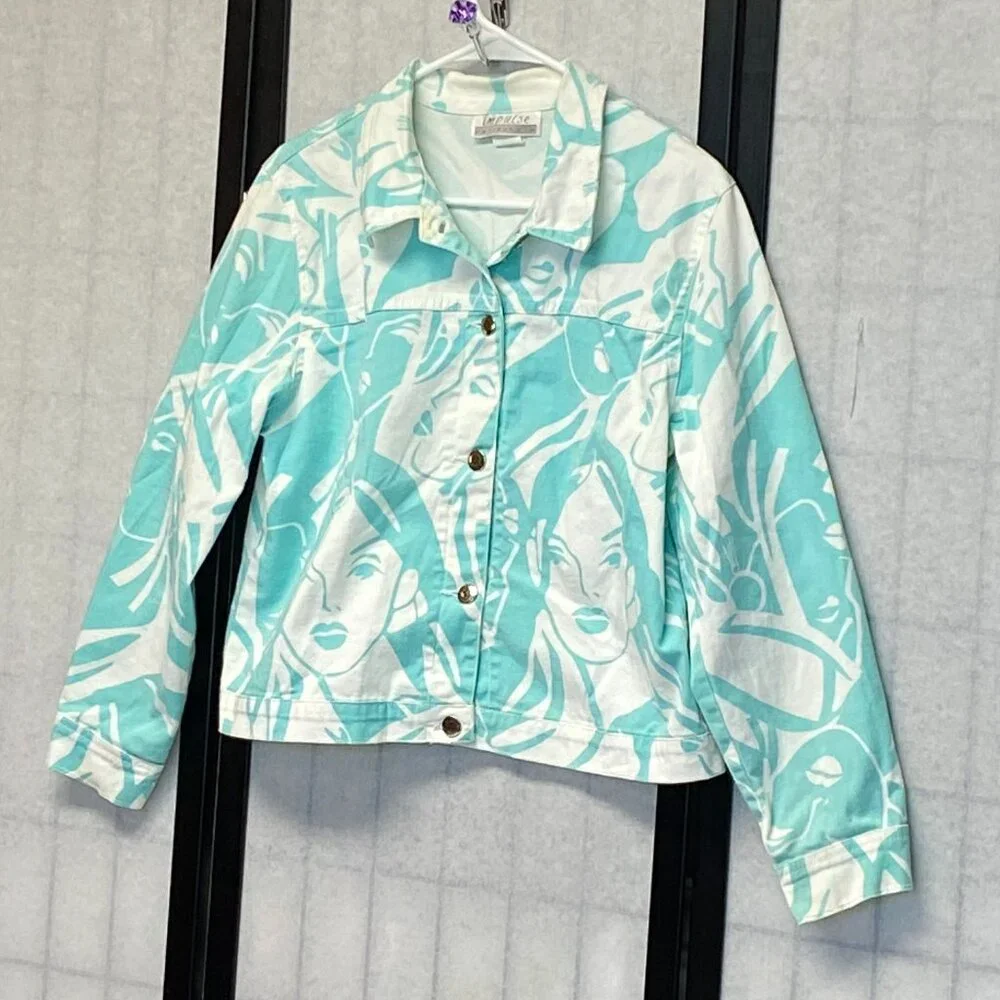 Impulse California Trucker Jean Jacket M White Aqua Pop Art Graphic Female Faces - Picture 4 of 12